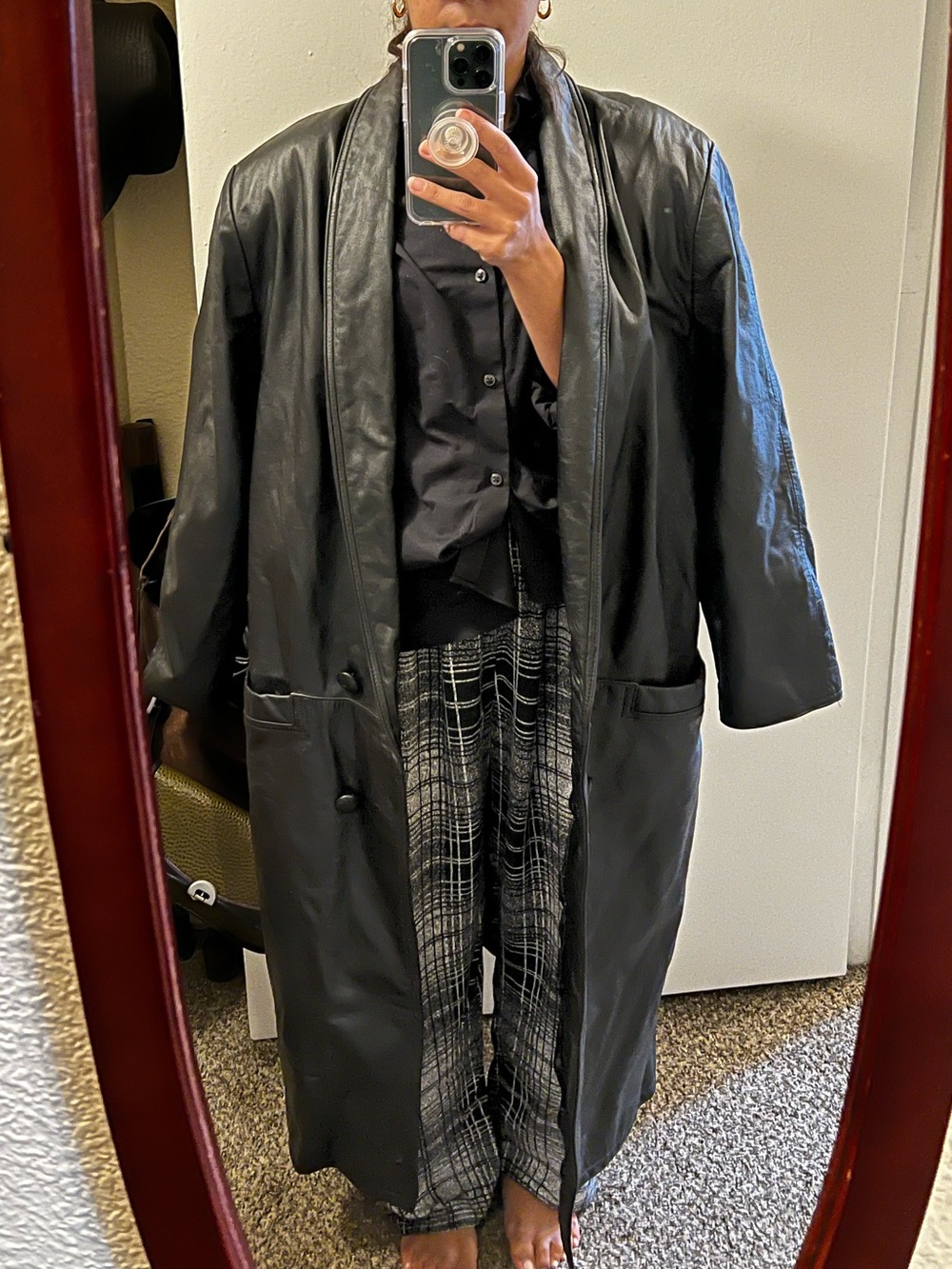 Vintage Black 100% Leather Trench Coat